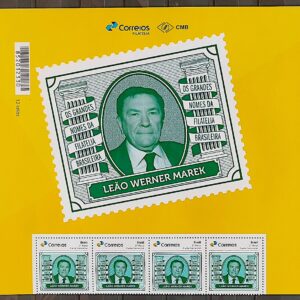 PB 176 Selo Personalizado Os Grandes Nomes da Filatelia Brasileira Leao Werner Marek 2020 Vinheta e 4 Selos