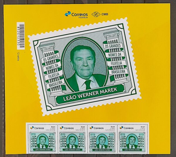 PB 176 Selo Personalizado Os Grandes Nomes da Filatelia Brasileira Leao Werner Marek 2020 Vinheta e 4 Selos