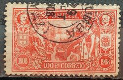 C 8 Selo Abertura dos Portos Dom Carlos Portugal Afonso Pena Navio Bandeira Brasao 1908 Circulado 21