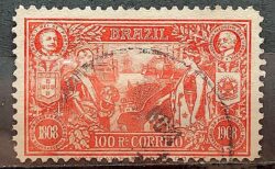 C 8 Selo Abertura dos Portos Dom Carlos Portugal Afonso Pena Navio Bandeira Brasao 1908 Circulado 22