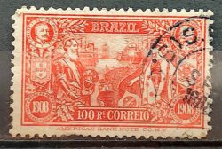 C 8 Selo Abertura dos Portos Dom Carlos Portugal Afonso Pena Navio Bandeira Brasao 1908 Circulado 23