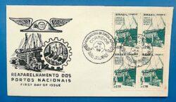 Envelope FDC 1959 Reaparelhamento dos Portos Navio Empilhadeira Quadra CBC RJ