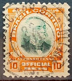 O 1 Selo Oficiais Afonso Pena 1906 10 Reis Circulado 3