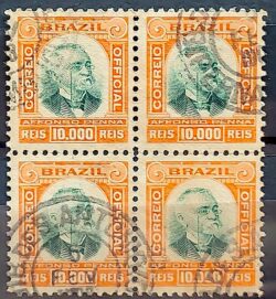 O 13 Selo Oficiais Afonso Pena 1906 10000 Reis Circulado Quadra 2