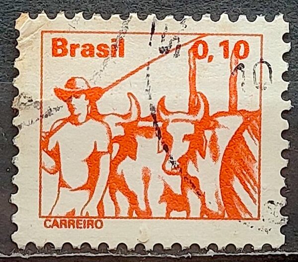 Selo Regular RHM 572 Profissao Carreiro Boi Vaca Moldura FSF 1977 Circulado