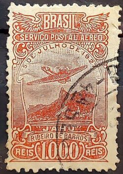 A 21 Selo Aereo Aeronautica Aviao Ribeiro de Barros 1929 Circulado 2