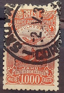 A 21 Selo Aereo Aeronautica Aviao Ribeiro de Barros 1929 Circulado 3