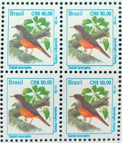 Selo Regular RHM 702 Passaros Urbanos Sabia CRS 50 1994 Quadra