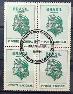 Selo Regular RHM 708 Comprovante de Franqueamento 4 Porte Efigie Mulher 1994 Quadra CBC DF