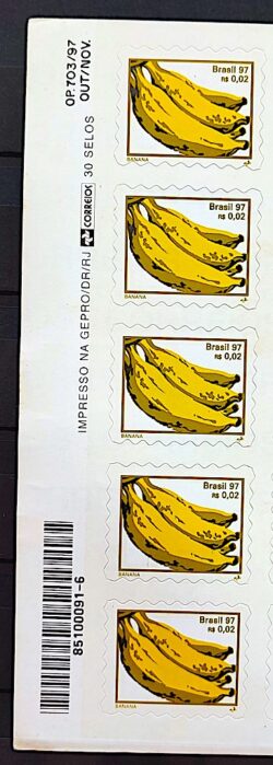Selo Regular RHM 750 B3 Fruta Banana Perce em Onda 1998 5 Unidades Vinheta Correios