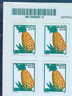 Selo Regular RHM 752 B3 Fruta Abacaxi Perce em Onda 1998 Quadra Codigo de Barras