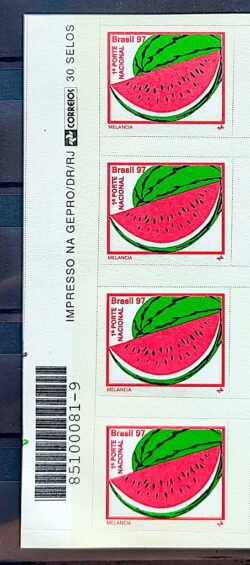 Selo Regular RHM 766 Fruta Melancia Microsserrilha 1999 4 Unidades Vinheta Correios