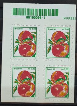 Selo Regular RHM 755 B3 Fruta Maca Perce em Ondas 1998 Quadra Codigo de Barras