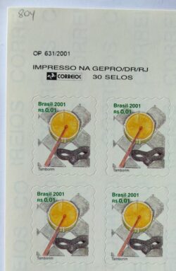 Selo Regular RHM 804 Instrumento Musical Tamborim 2001 Quadra Vinheta Correios