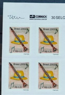 Selo Regular RHM 823 Instrumento Musical Perce em Ondas Clarineta 2002 Quadra Vinheta Correios