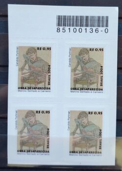 Selo Regular RHM 831 Obra Desaparecida Portinari Menino Sentado e Carneiro Arte 2004 Quadra Codigo de Barras
