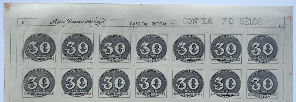 C 180 Selo Centenario do Selo Postal Olho de Boi 30 Reis 1943 10 Unidades Com Vinheta