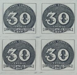 C 180 Selo Centenario do Selo Postal Olho de Boi 30 Reis 1943 Quadra