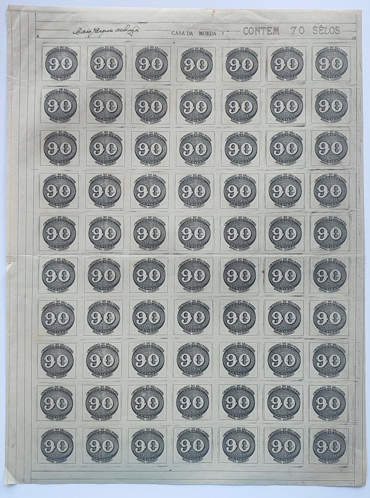 C 182 Selo Centenario do Selo Postal Olho de Boi 90 Reis 1943 Folha 2