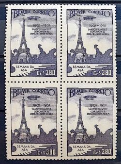 C 271 Selo Semana da Asa Santos Dumont Torre Eiffel Aviao Franca 1951 Quadra