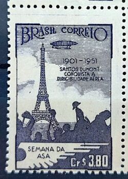 C 271 Selo Semana da Asa Santos Dumont Torre Eiffel Aviao Franca 1951 Variedade Impressao Deslocada para Baixo