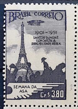 C 271 Selo Semana da Asa Santos Dumont Torre Eiffel Aviao Franca 1951 Variedade Impressao Deslocada para Esquerda