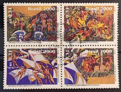 C 2250 Selo Descobrimento do Brasil Arte Indio Portugal 2000 Quadra CBC BA