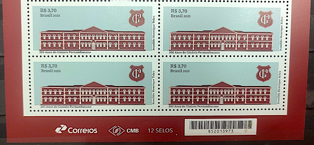 C 4187 Selo Ginasio Pernambucano Educacao Brasao Arquitetura 2025 Quadra Vinheta Correios Codigo de Barras