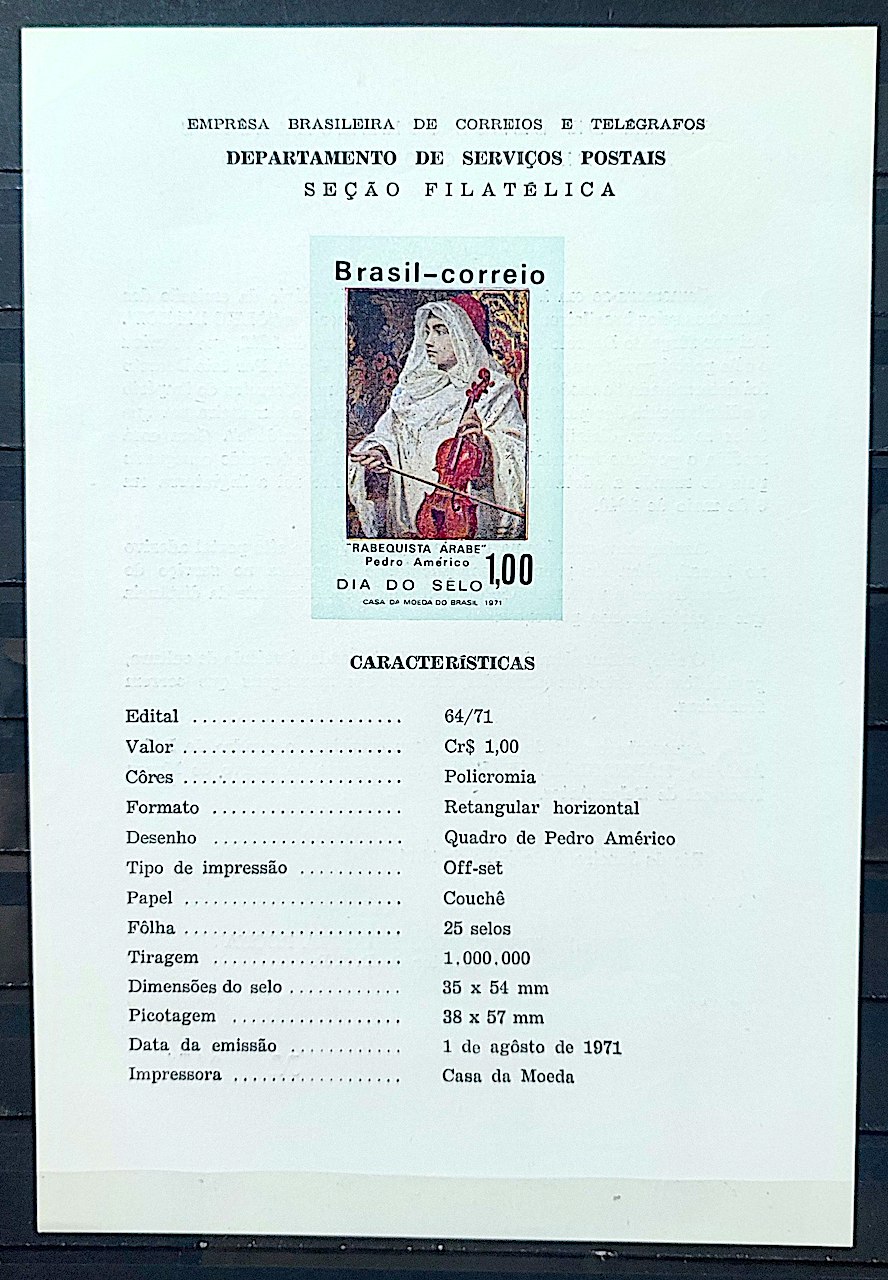 Edital 1971 64 Dia do Selo Pintura Arte Rabeca Arabe Musica Sem Selo