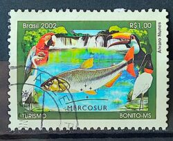 C 2490 Selo Turismo Bonito Peixe Tucano Pantanal Mercosul Cachoeira Ave 2002 Circulado 2
