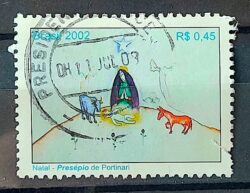 C 2495 Selo Natal Presepio de Portinari Arte Vaca Burro Religiao 2002 Circulado 1