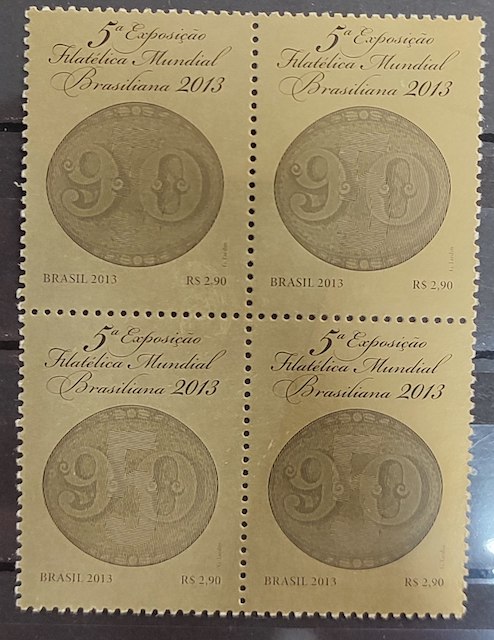 C 3291 Selo Exposicao Filatelica Mundial Brasiliana Olho de Boi 2013 Quadra Variedade Sem Impressao Dourada