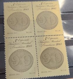 C 3291 Selo Exposicao Filatelica Mundial Brasiliana Olho de Boi 2013 Quadra Variedade Sem Impressao Dourada