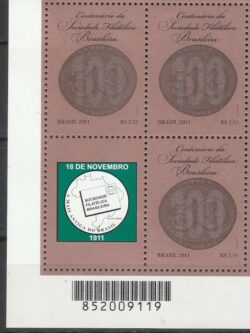 C 3154 Selo Sociedade Filatelica Brasileira Olho de Boi 2011 Quadra Vinheta Mapa Codigo de Barras