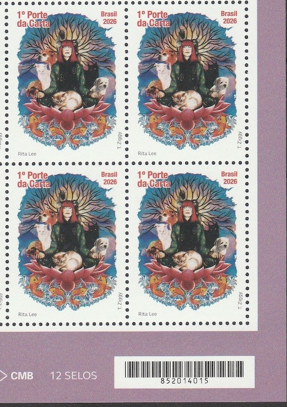 C 4196 Selo Rita Lee Musica Cachorro Gato Passaro Peixe 2026 Quadra Codigo de Barras