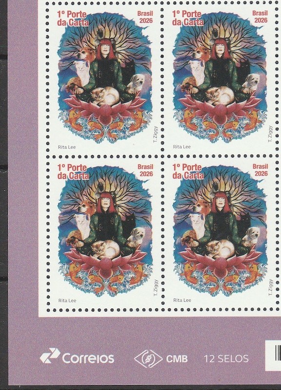 C 4196 Selo Rita Lee Musica Cachorro Gato Passaro Peixe 2026 Quadra Vinheta Correios