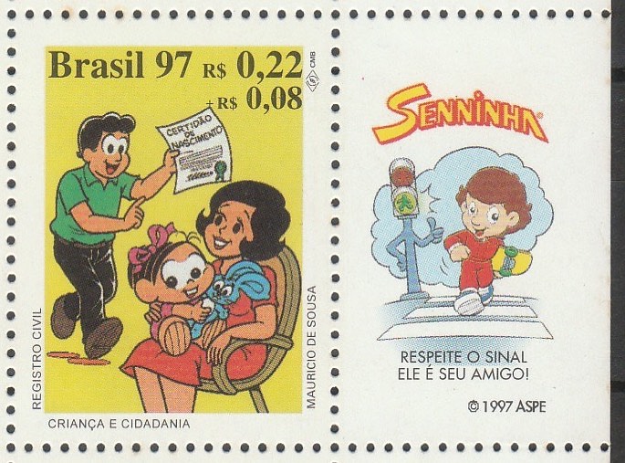 C 2058 Selo Crianca e Cidadania Direito Justica Registro Civil Monica 1997 Vinheta Ayrton Senna Senninha Skate CLM