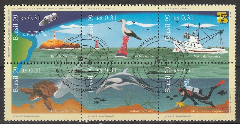 C 2182 Selo Revizee e Proarquipelago Farol Navio Golfinho Tartaruga Mergulhador Satelite Mapa Peixe 1999 CBC DF 2