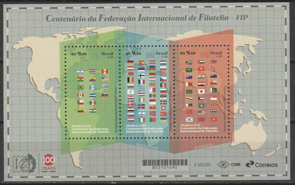 B 245 Bloco Centenario da Federacao Internacional de Filatelia FIP Mapa Bandeira 2026