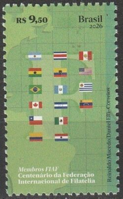 C 4197 Selo Centenario da Federacao Internacional de Filatelia FIP Mapa Bandeira 2026 Fiaf