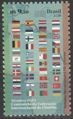 C 4198 Selo Centenario da Federacao Internacional de Filatelia FIP Mapa Bandeira 2026 Fepa