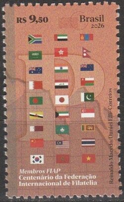 C 4199 Selo Centenario da Federacao Internacional de Filatelia FIP Mapa Bandeira 2026 Fiap