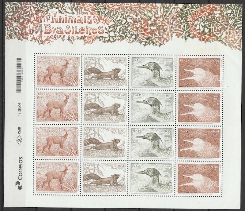 C 4200 Selo Animais Brasileiros Cervo Esquilo Pato Boto 2026 Folha