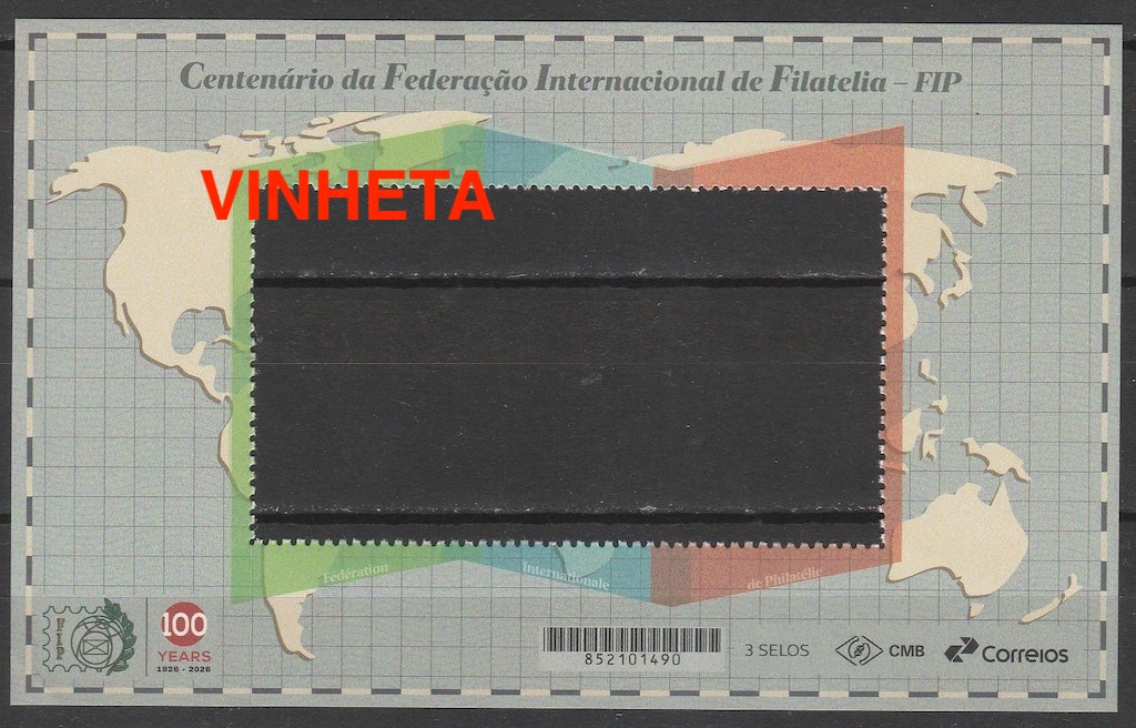 Vinheta do B 245 Bloco Centenario da Federacao Internacional de Filatelia FIP Mapa Bandeira 2026