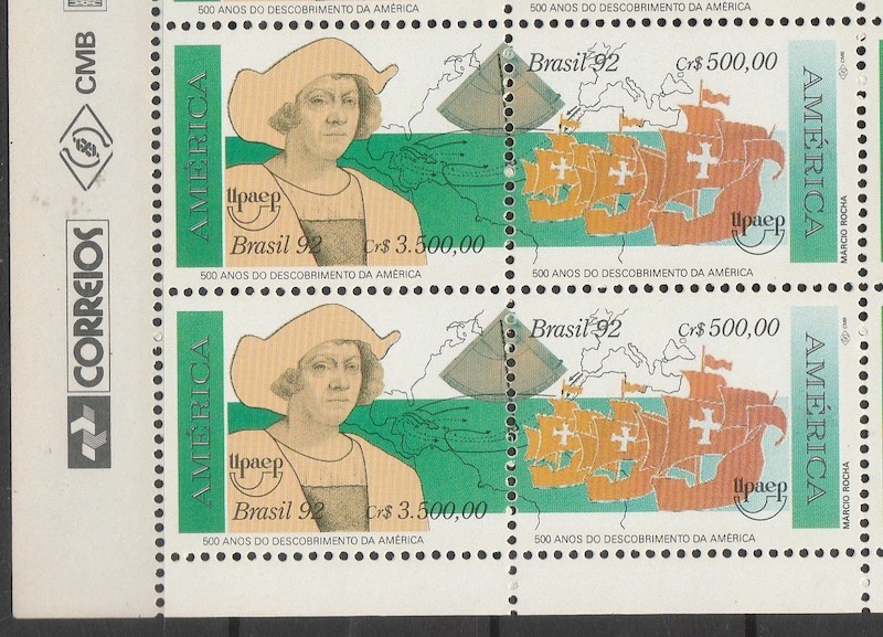 C 1788 Selo UPAEP Descobrimento da America Cristovao Colombo Mapa Navio Espanha 1992 Quadra Vinheta Correios