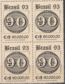 C 1845 Selo 150 Anos Olho de Boi Filatelia Servico Postal 90 Reis 1993 Quadra