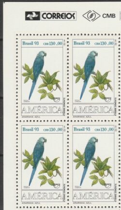 C 1866 Selo UPAEP Fauna Arara Ave Passaro Servico Postal Filtelia Ararinha 1993 Quadra Vinheta Correios