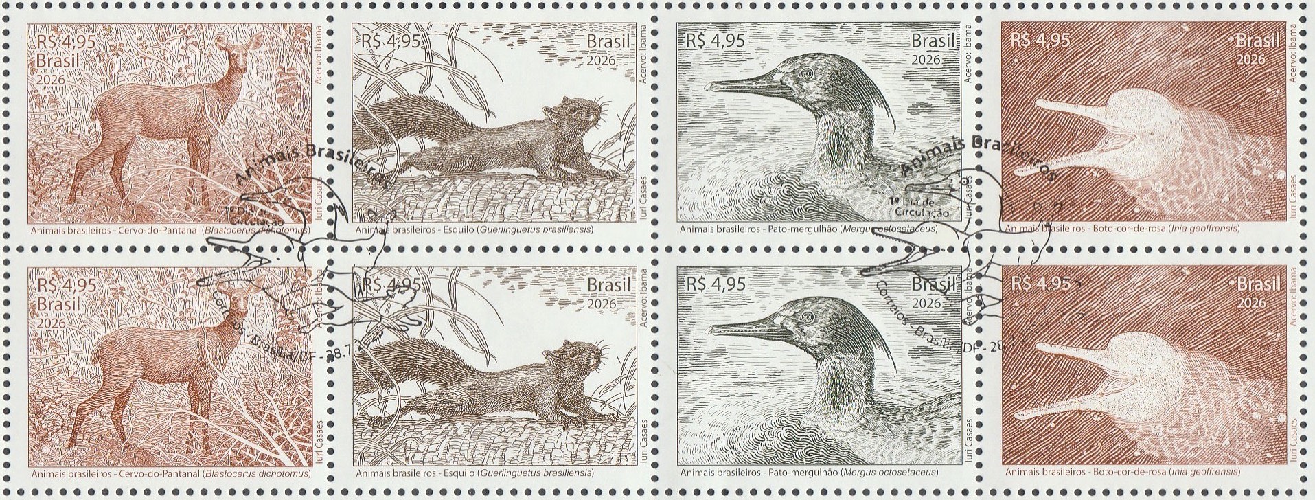 C 4200 Selo Animais Brasileiros Cervo Esquilo Pato Boto 2026 Octilha CBC DF