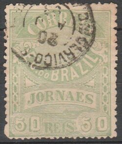 J 24 B Selo Jornais Cruzeiro do Sul 50 Reis 1890 Verde 13×11,25 Circulado 1